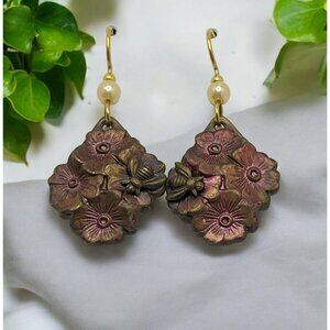 Vintage Floral & Honey Bee Dangle Earrings With Pearl Accents